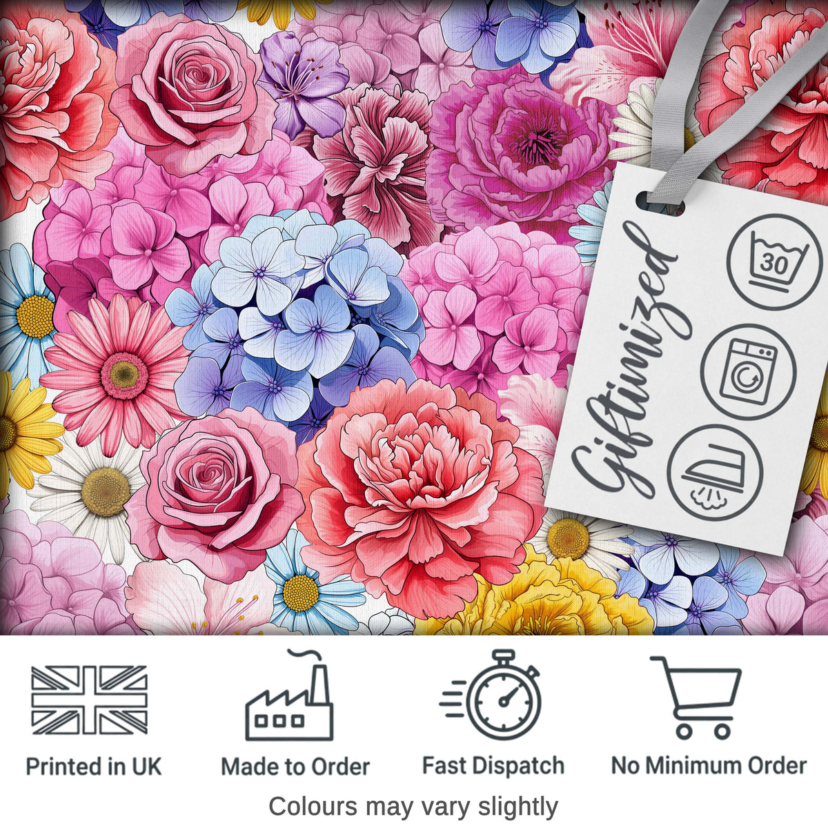 Elegant Pink Floral Roses Peony Hydrangea Seamless Pattern Digital Print Fabric by the Metre UK Sewing Quilting Textile