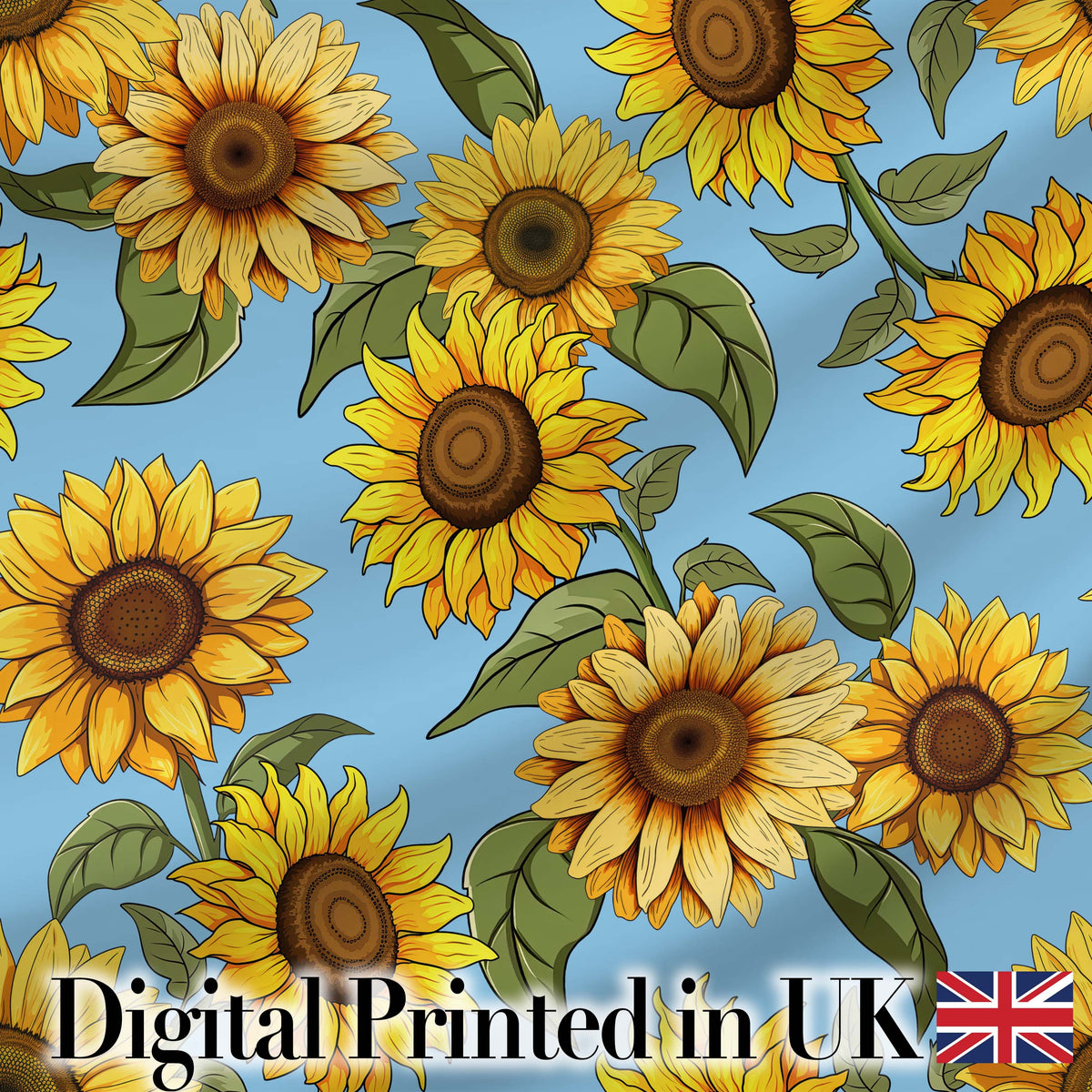 Bright Yellow Sunflower Blue Background Seamless Pattern Digital Print Fabric by the Metre UK Sewing Quilting Textile