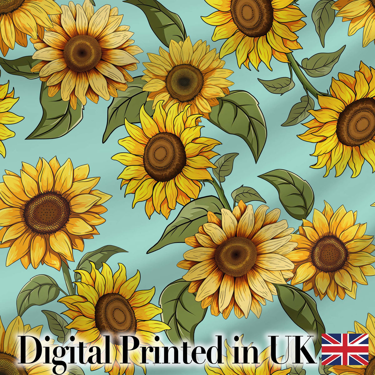 Bright Yellow Sunflower Green Background Seamless Pattern Digital Print Fabric by the Metre UK Sewing Quilting Textile