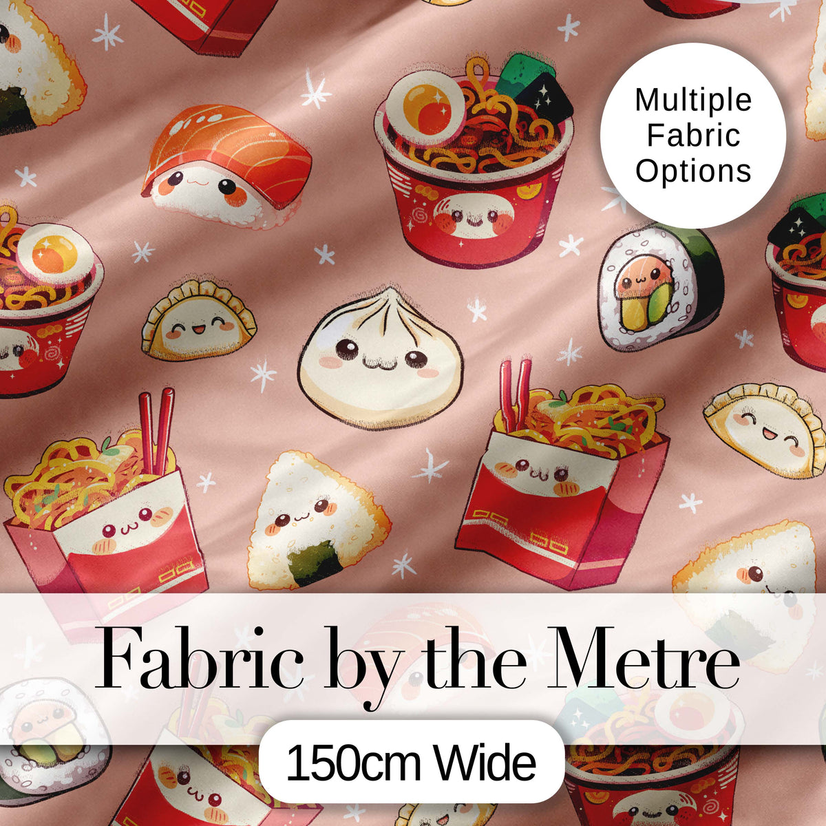 Cute Kawaii Sushi Ramen Dumpling Food Beige Background Seamless Pattern Digital Print Fabric by the Metre UK Sewing Quilting Textile