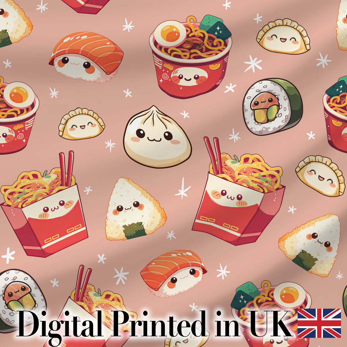 Cute Kawaii Sushi Ramen Dumpling Food Beige Background Seamless Pattern Digital Print Fabric by the Metre UK Sewing Quilting Textile