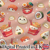 Cute Kawaii Sushi Ramen Dumpling Food Beige Background Seamless Pattern Digital Print Fabric by the Metre UK Sewing Quilting Textile