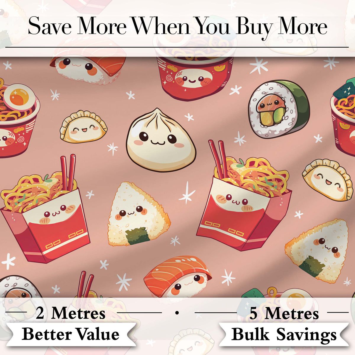 Cute Kawaii Sushi Ramen Dumpling Food Beige Background Seamless Pattern Digital Print Fabric by the Metre UK Sewing Quilting Textile