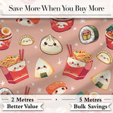 Cute Kawaii Sushi Ramen Dumpling Food Beige Background Seamless Pattern Digital Print Fabric by the Metre UK Sewing Quilting Textile