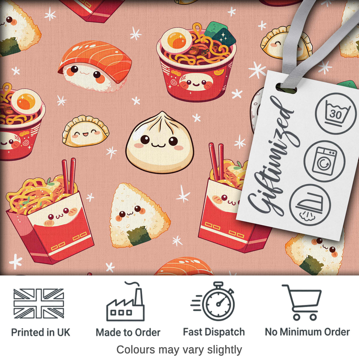 Cute Kawaii Sushi Ramen Dumpling Food Beige Background Seamless Pattern Digital Print Fabric by the Metre UK Sewing Quilting Textile