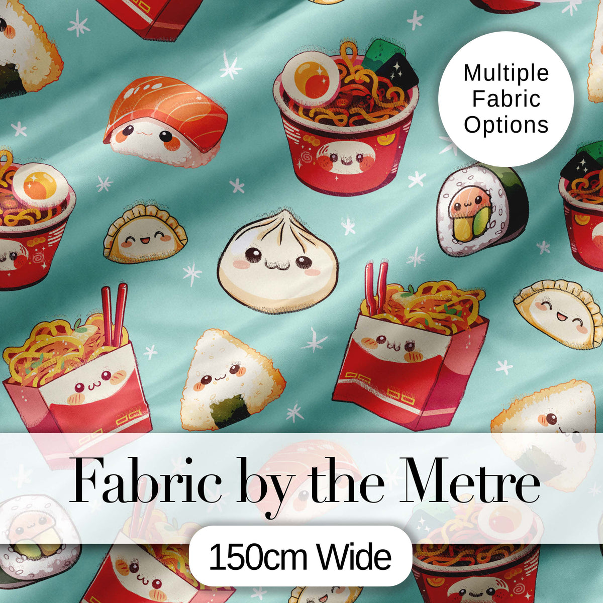 Cute Kawaii Sushi Ramen Dumpling Food Mint Background Seamless Pattern Digital Print Fabric by the Metre UK Sewing Quilting Textile