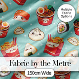 Cute Kawaii Sushi Ramen Dumpling Food Mint Background Seamless Pattern Digital Print Fabric by the Metre UK Sewing Quilting Textile
