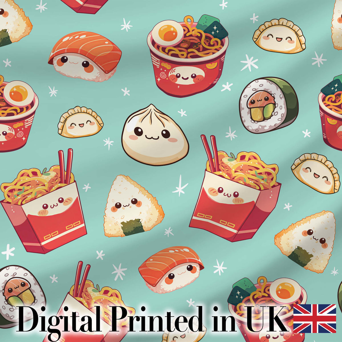 Cute Kawaii Sushi Ramen Dumpling Food Mint Background Seamless Pattern Digital Print Fabric by the Metre UK Sewing Quilting Textile