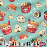 Cute Kawaii Sushi Ramen Dumpling Food Mint Background Seamless Pattern Digital Print Fabric by the Metre UK Sewing Quilting Textile