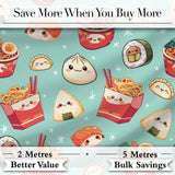 Cute Kawaii Sushi Ramen Dumpling Food Mint Background Seamless Pattern Digital Print Fabric by the Metre UK Sewing Quilting Textile