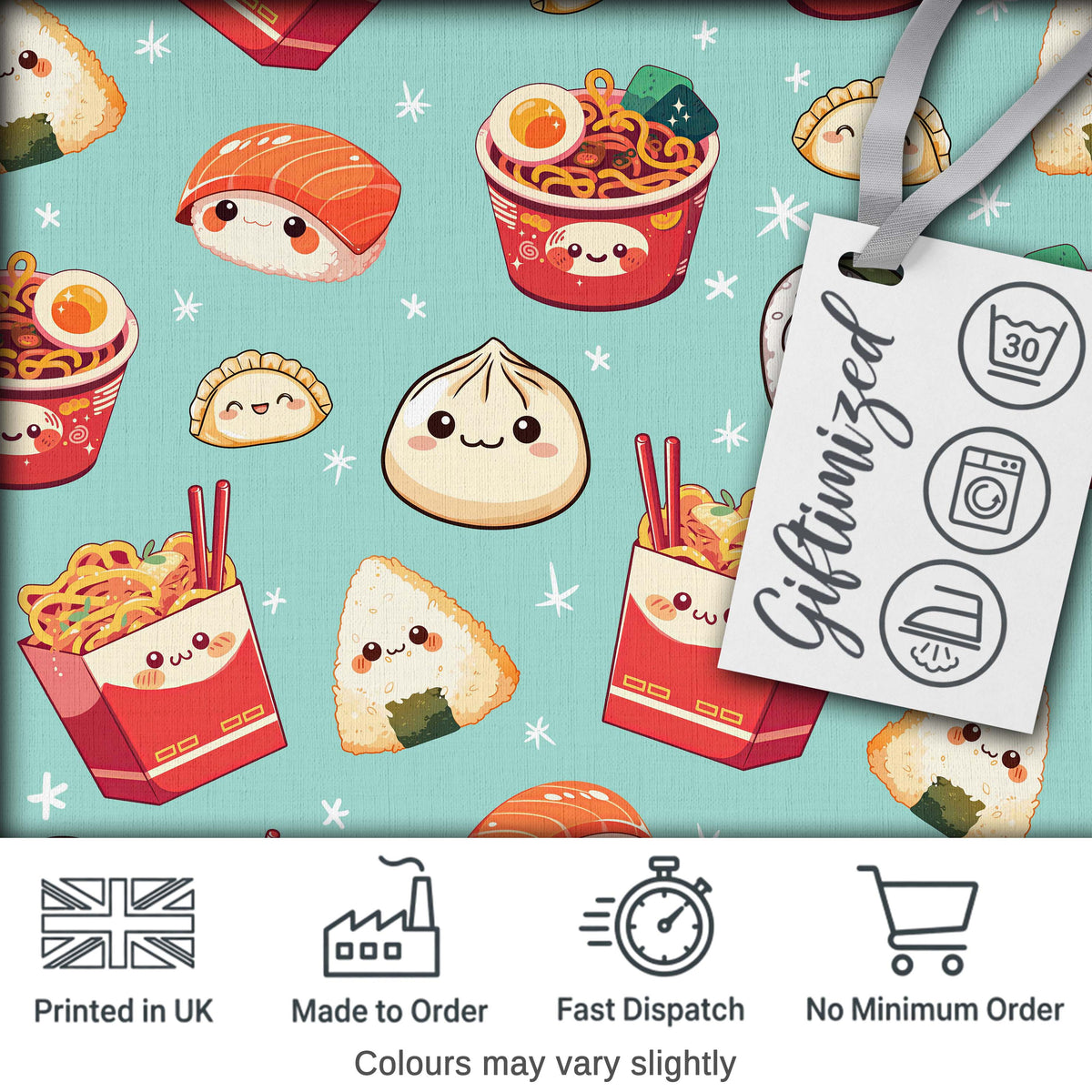 Cute Kawaii Sushi Ramen Dumpling Food Mint Background Seamless Pattern Digital Print Fabric by the Metre UK Sewing Quilting Textile