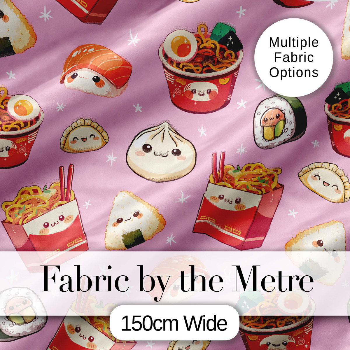 Cute Kawaii Sushi Ramen Dumpling Food Blush Pink Background Seamless Pattern Digital Print Fabric by the Metre UK Sewing Quilting Textile