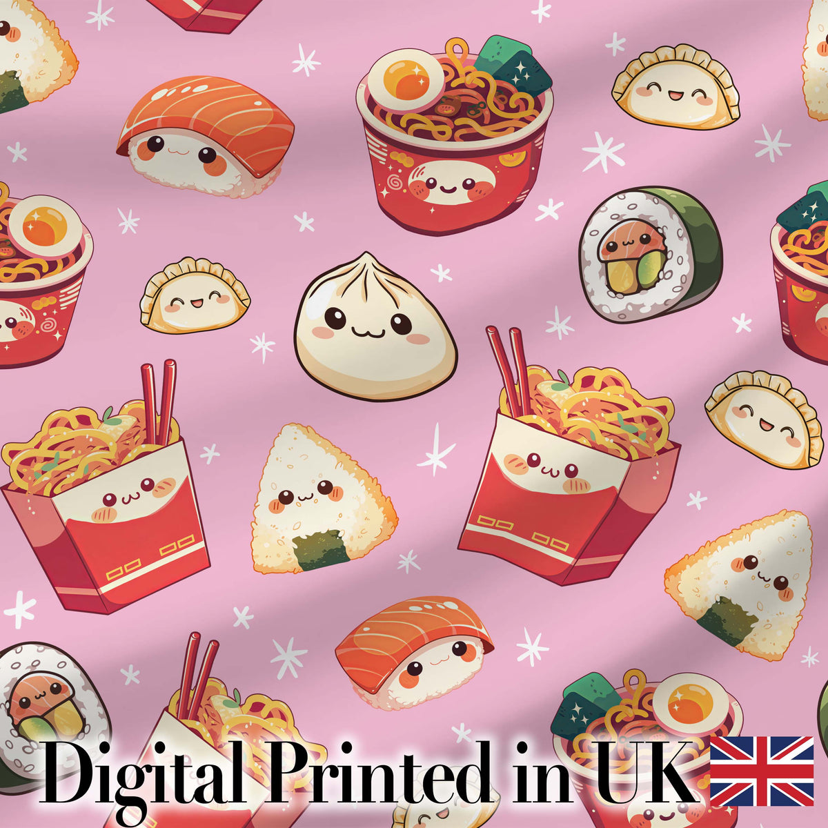 Cute Kawaii Sushi Ramen Dumpling Food Blush Pink Background Seamless Pattern Digital Print Fabric by the Metre UK Sewing Quilting Textile