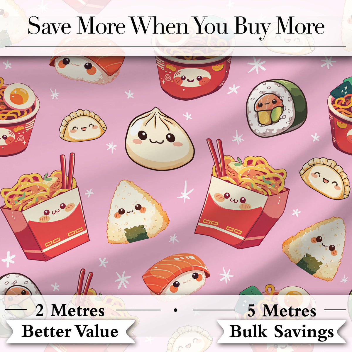 Cute Kawaii Sushi Ramen Dumpling Food Blush Pink Background Seamless Pattern Digital Print Fabric by the Metre UK Sewing Quilting Textile