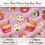 Cute Kawaii Sushi Ramen Dumpling Food Blush Pink Background Seamless Pattern Digital Print Fabric by the Metre UK Sewing Quilting Textile