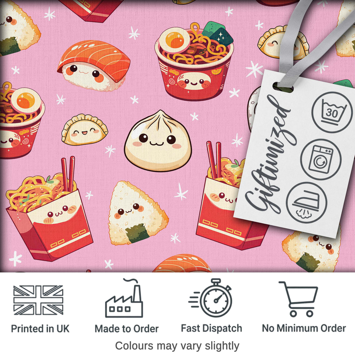 Cute Kawaii Sushi Ramen Dumpling Food Blush Pink Background Seamless Pattern Digital Print Fabric by the Metre UK Sewing Quilting Textile