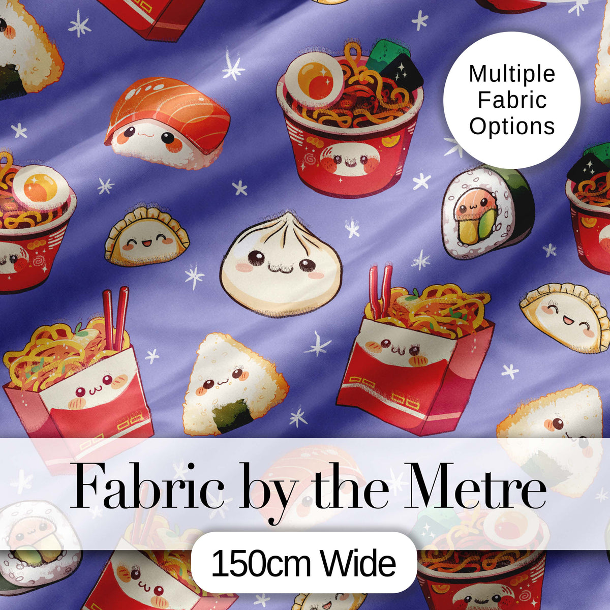 Cute Kawaii Sushi Ramen Dumpling Food Purple Background Seamless Pattern Digital Print Fabric by the Metre UK Sewing Quilting Textile