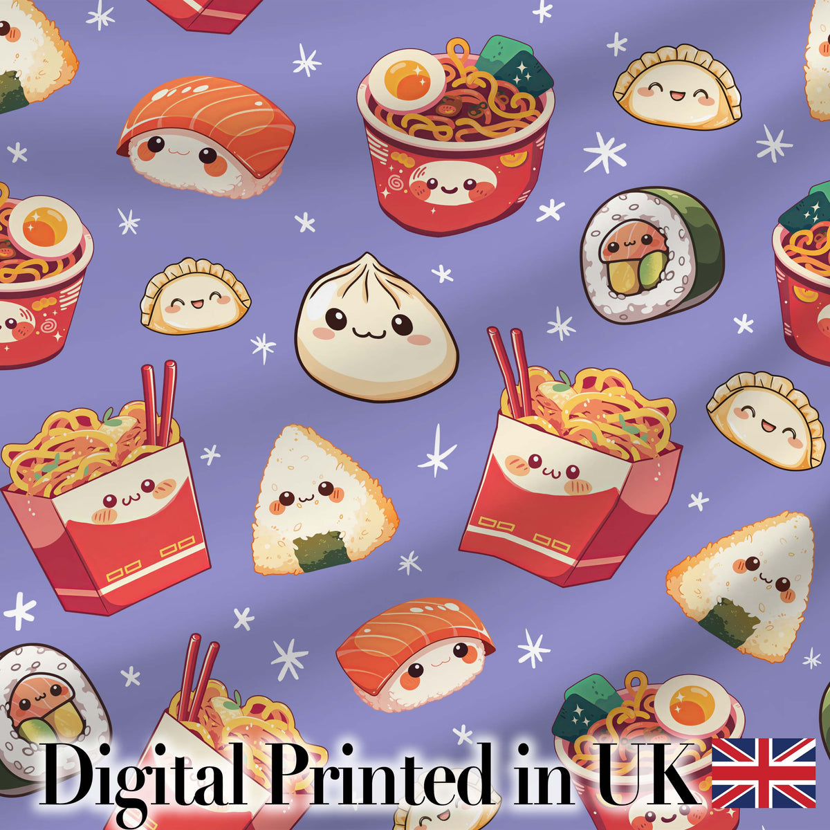 Cute Kawaii Sushi Ramen Dumpling Food Purple Background Seamless Pattern Digital Print Fabric by the Metre UK Sewing Quilting Textile