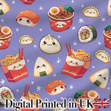 Cute Kawaii Sushi Ramen Dumpling Food Purple Background Seamless Pattern Digital Print Fabric by the Metre UK Sewing Quilting Textile
