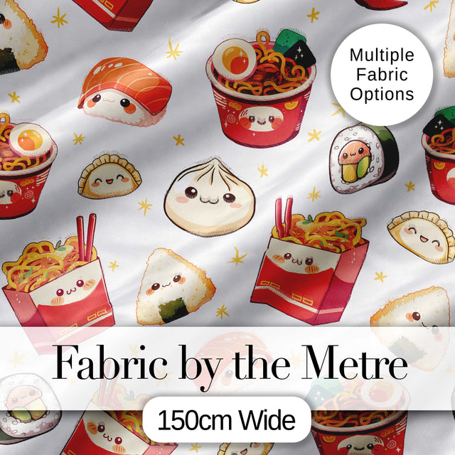 Cute Kawaii Sushi Ramen Dumpling Food White Background Seamless Pattern Digital Print Fabric by the Metre UK Sewing Quilting Textile
