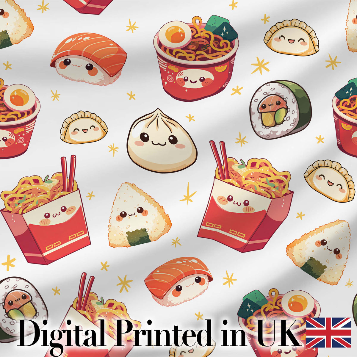 Cute Kawaii Sushi Ramen Dumpling Food White Background Seamless Pattern Digital Print Fabric by the Metre UK Sewing Quilting Textile