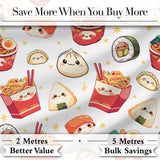 Cute Kawaii Sushi Ramen Dumpling Food White Background Seamless Pattern Digital Print Fabric by the Metre UK Sewing Quilting Textile