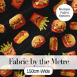 Cute Kawaii Burger Fries Hotdog Fast Food Black Background Seamless Pattern Digital Print Fabric by the Metre UK Sewing Quilting Textile