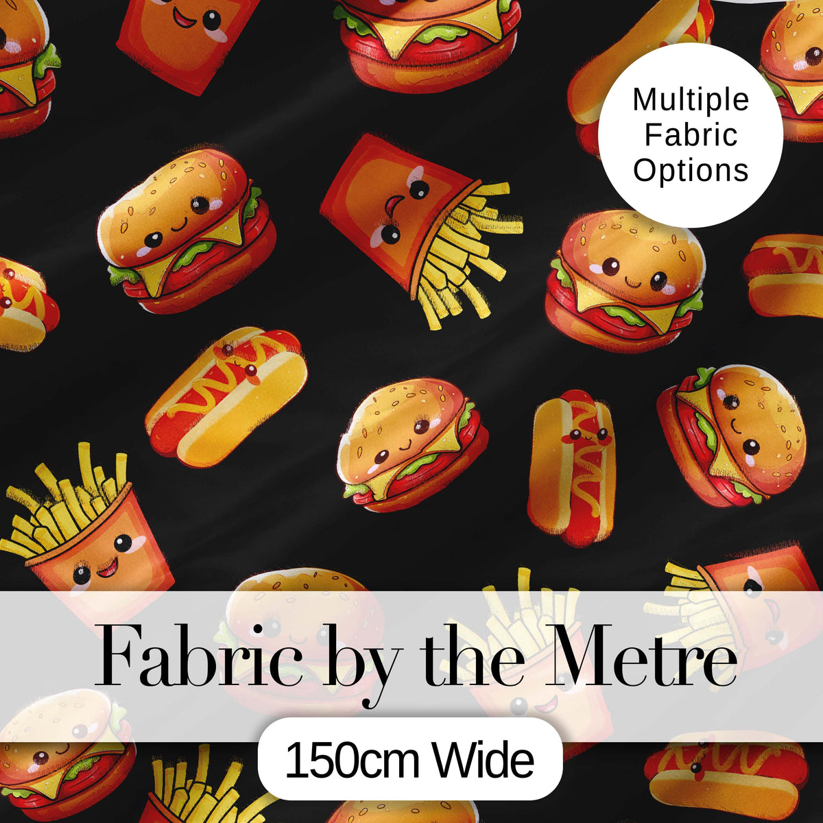 Cute Kawaii Burger Fries Hotdog Fast Food Black Background Seamless Pattern Digital Print Fabric by the Metre UK Sewing Quilting Textile