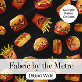 Cute Kawaii Burger Fries Hotdog Fast Food Black Background Seamless Pattern Digital Print Fabric by the Metre UK Sewing Quilting Textile