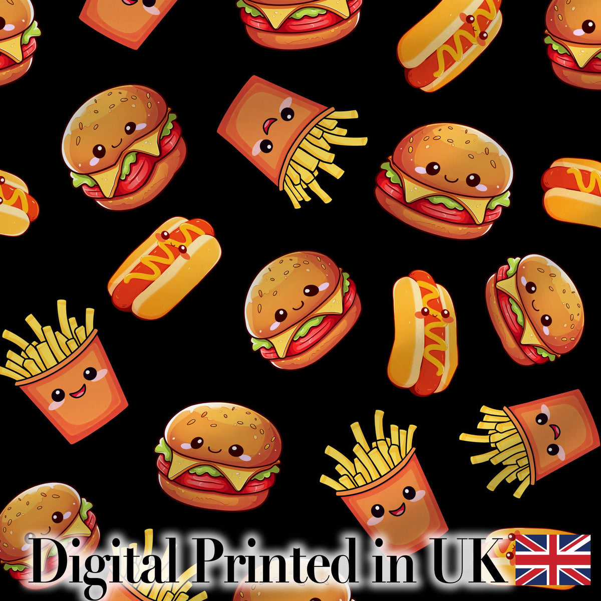 Cute Kawaii Burger Fries Hotdog Fast Food Black Background Seamless Pattern Digital Print Fabric by the Metre UK Sewing Quilting Textile