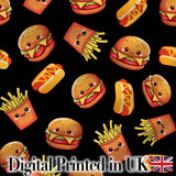 Cute Kawaii Burger Fries Hotdog Fast Food Black Background Seamless Pattern Digital Print Fabric by the Metre UK Sewing Quilting Textile