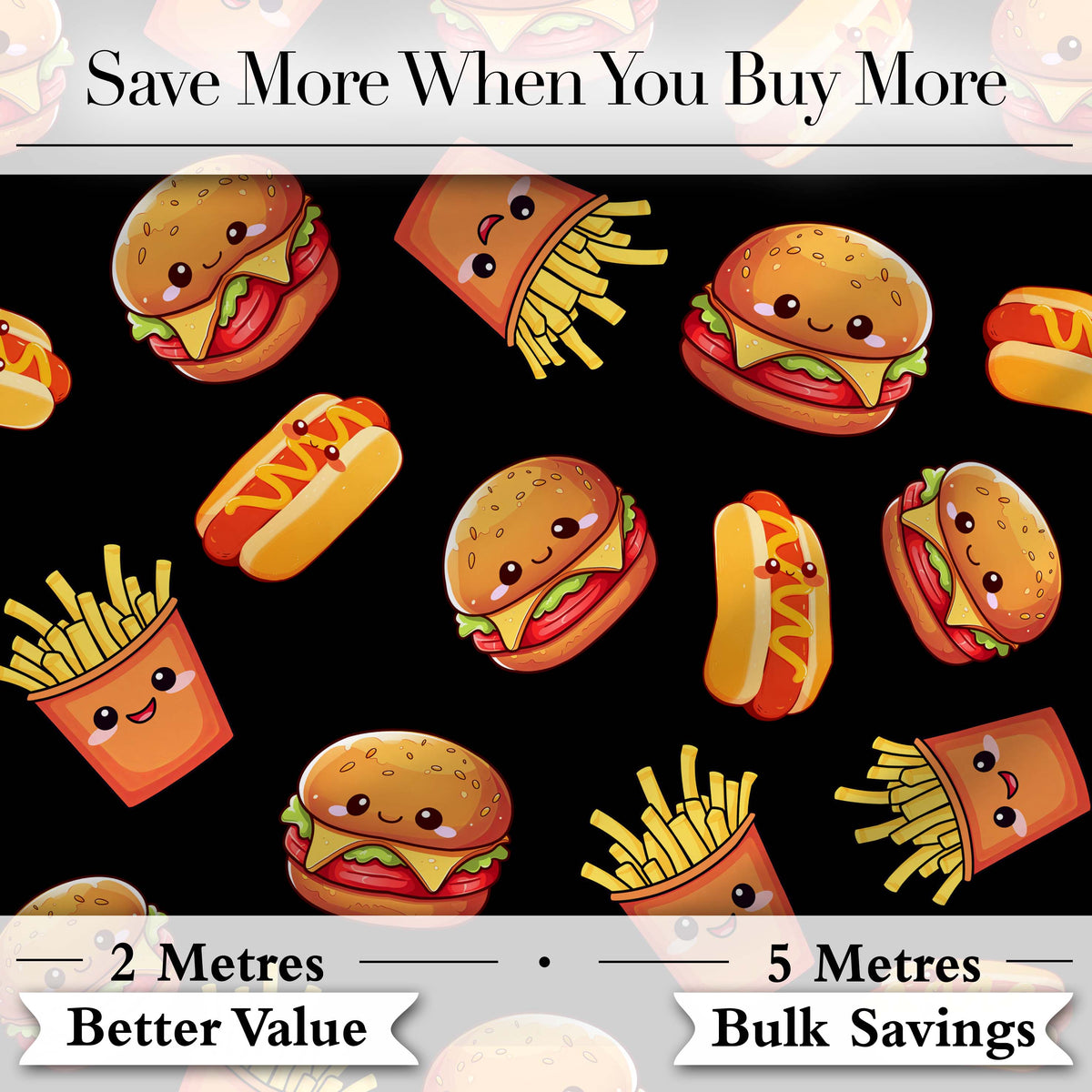 Cute Kawaii Burger Fries Hotdog Fast Food Black Background Seamless Pattern Digital Print Fabric by the Metre UK Sewing Quilting Textile