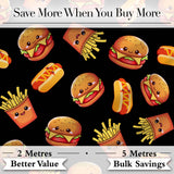 Cute Kawaii Burger Fries Hotdog Fast Food Black Background Seamless Pattern Digital Print Fabric by the Metre UK Sewing Quilting Textile
