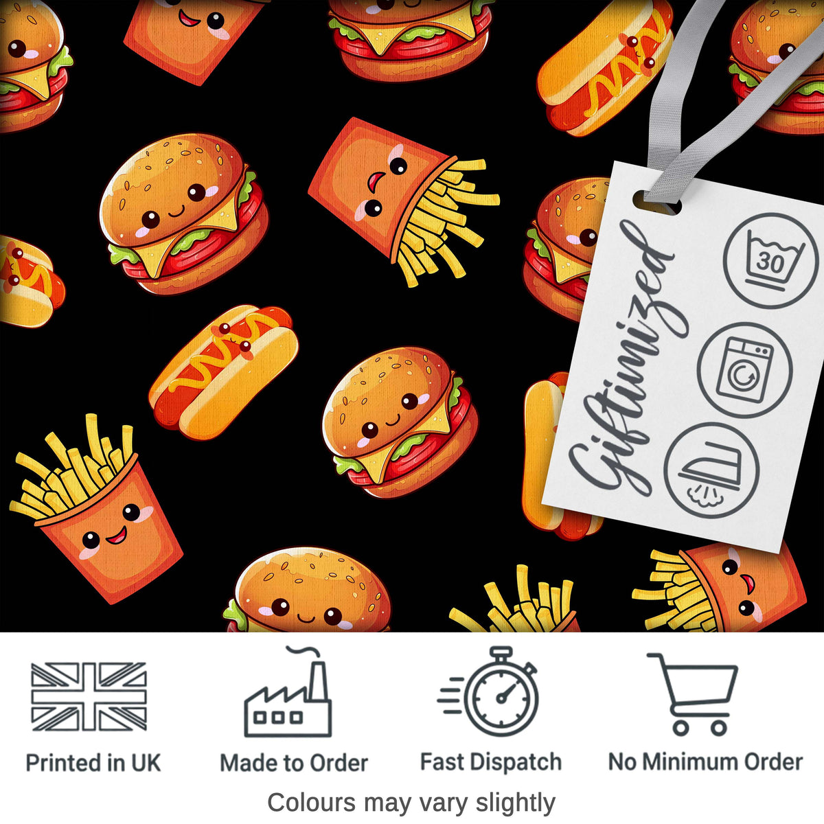 Cute Kawaii Burger Fries Hotdog Fast Food Black Background Seamless Pattern Digital Print Fabric by the Metre UK Sewing Quilting Textile
