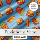 Cute Kawaii Burger Fries Hotdog Fast Food Blue Background Seamless Pattern Digital Print Fabric by the Metre UK Sewing Quilting Textile