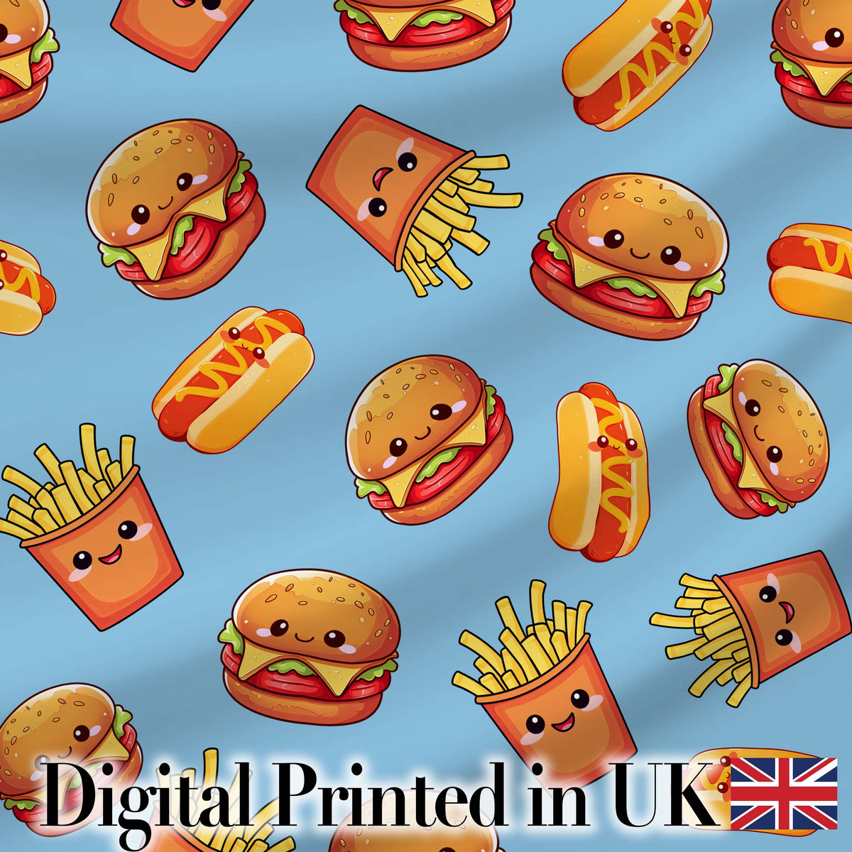 Cute Kawaii Burger Fries Hotdog Fast Food Blue Background Seamless Pattern Digital Print Fabric by the Metre UK Sewing Quilting Textile