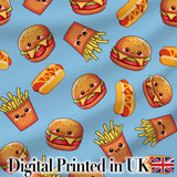 Cute Kawaii Burger Fries Hotdog Fast Food Blue Background Seamless Pattern Digital Print Fabric by the Metre UK Sewing Quilting Textile