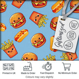 Cute Kawaii Burger Fries Hotdog Fast Food Blue Background Seamless Pattern Digital Print Fabric by the Metre UK Sewing Quilting Textile