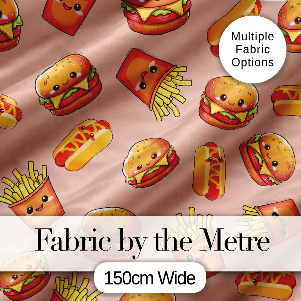 Cute Kawaii Burger Fries Hotdog Fast Food Beige Background Seamless Pattern Digital Print Fabric by the Metre UK Sewing Quilting Textile