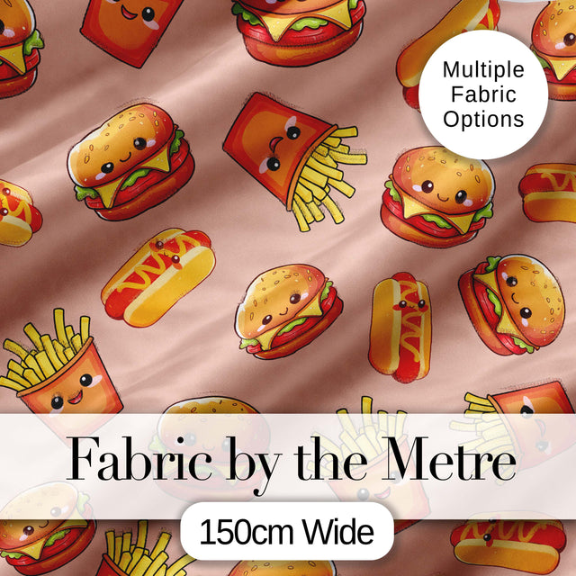 Cute Kawaii Burger Fries Hotdog Fast Food Beige Background Seamless Pattern Digital Print Fabric by the Metre UK Sewing Quilting Textile