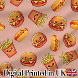 Cute Kawaii Burger Fries Hotdog Fast Food Beige Background Seamless Pattern Digital Print Fabric by the Metre UK Sewing Quilting Textile