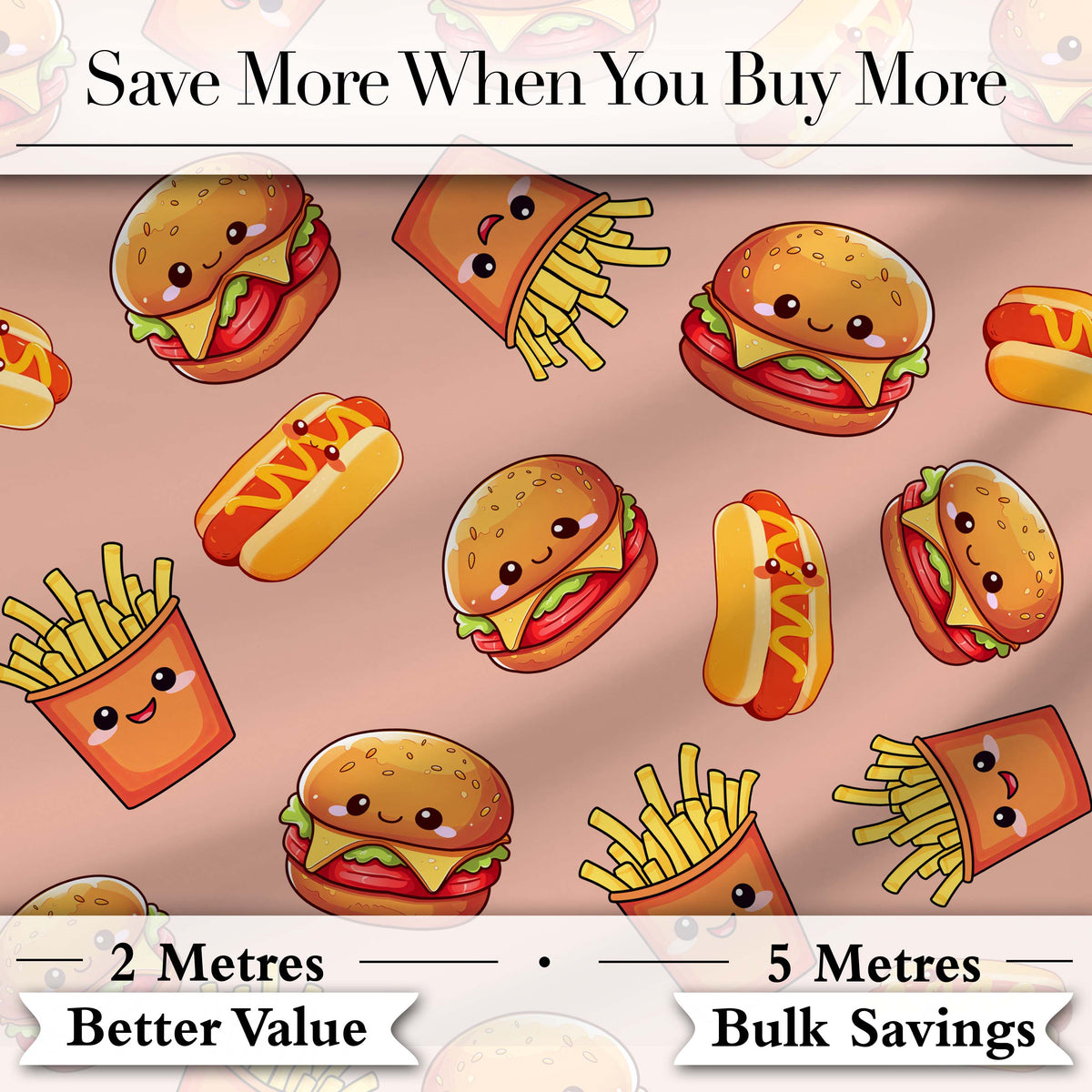 Cute Kawaii Burger Fries Hotdog Fast Food Beige Background Seamless Pattern Digital Print Fabric by the Metre UK Sewing Quilting Textile