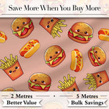 Cute Kawaii Burger Fries Hotdog Fast Food Beige Background Seamless Pattern Digital Print Fabric by the Metre UK Sewing Quilting Textile