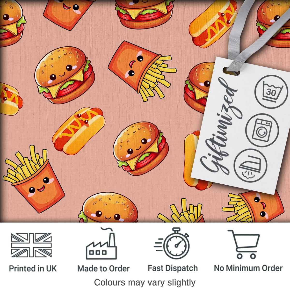 Cute Kawaii Burger Fries Hotdog Fast Food Beige Background Seamless Pattern Digital Print Fabric by the Metre UK Sewing Quilting Textile