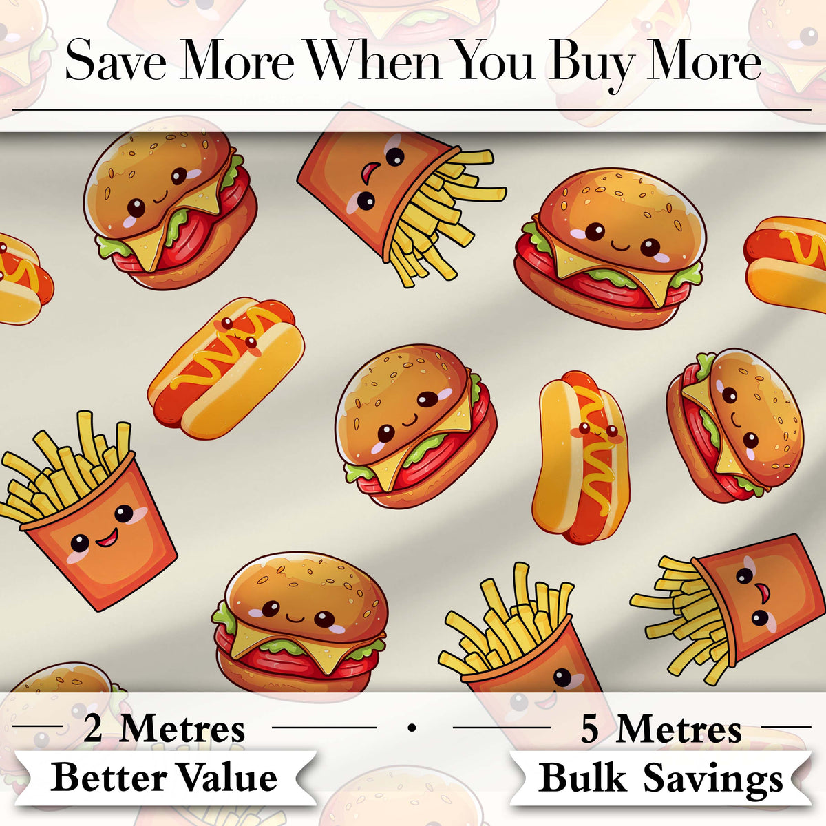 Kawaii Burger Fries Hotdog Fast Food Light Cream  Seamless Pattern Digital Print Fabric by the Metre UK Sewing Quilting Textile