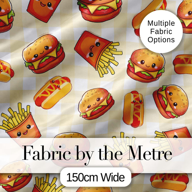 Cute Kawaii Burger Fries Hotdog Fast Food Gingham Background Seamless Pattern Digital Print Fabric by the Metre UK Sewing Quilting Textile