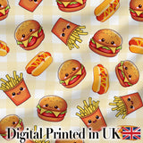 Cute Kawaii Burger Fries Hotdog Fast Food Gingham Background Seamless Pattern Digital Print Fabric by the Metre UK Sewing Quilting Textile