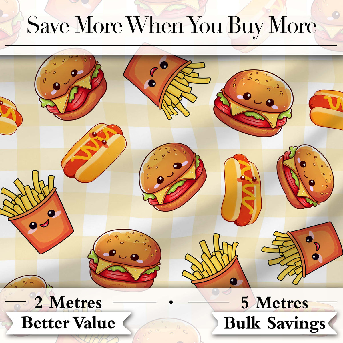 Cute Kawaii Burger Fries Hotdog Fast Food Gingham Background Seamless Pattern Digital Print Fabric by the Metre UK Sewing Quilting Textile