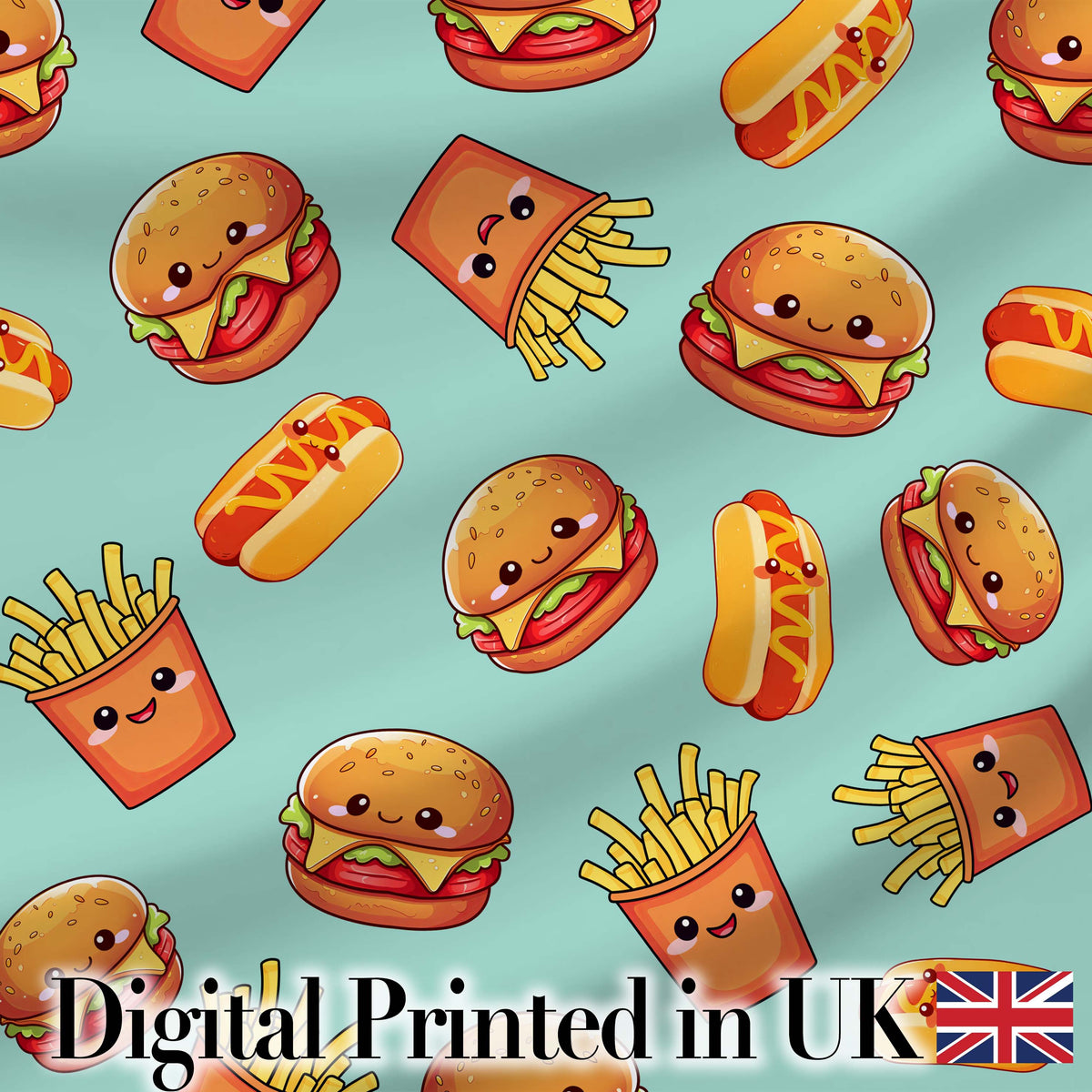 Kawaii Burger Fries Hotdog Fast Food Mint Green  Seamless Pattern Digital Print Fabric by the Metre UK Sewing Quilting Textile