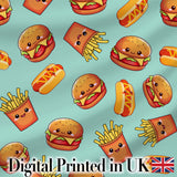 Kawaii Burger Fries Hotdog Fast Food Mint Green  Seamless Pattern Digital Print Fabric by the Metre UK Sewing Quilting Textile